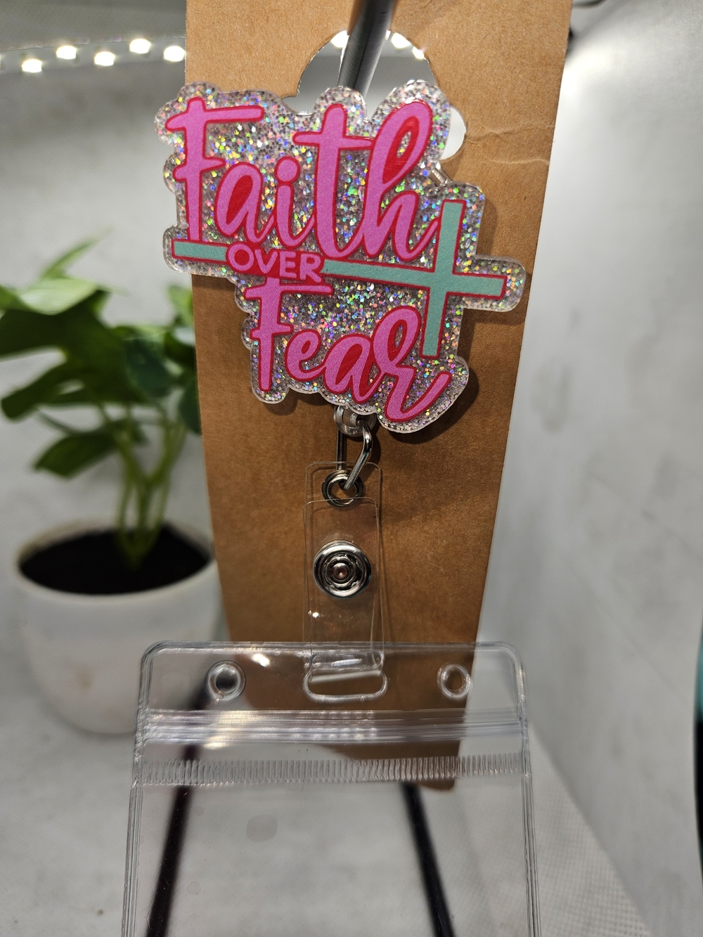 Faith Over Fear Glitter Badge Reel - Pink & Teal Key/Card Holder - Picture 2 of 2